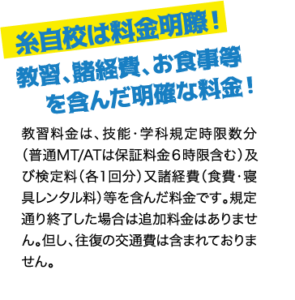 糸自校は料金明瞭！ 教習、諸経費、お食事等を含んだ明確な料金！ / 教習料金は、技能・学科規定時限数分（普通MT/ATは保証料金６時限含む）及び検定料（各１回分）又諸経費（食費・寝具レンタル料）等を含んだ料金です。規定通り終了した場合は追加料金はありません。但し、往復の交通費は含まれておりません。